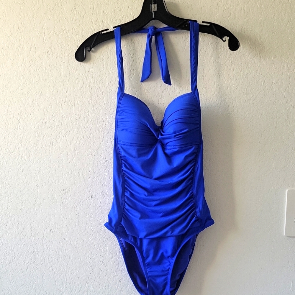 Liz Claiborne Blue One Piece Swimsuit with Halter Neck